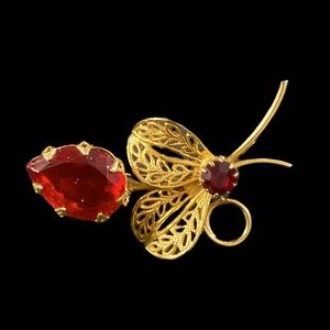 Vintage Ruby Colored Stones Brooch Pin in Gold Color Setting